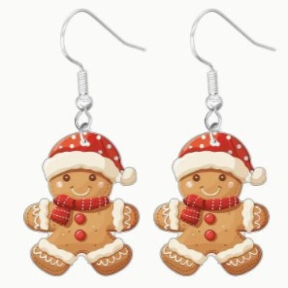 ♥️5 for $25♥️Gingerbread Christmas Earrings -Acrylic Dangles - Nickel-Free Alloy - Picture 1 of 4